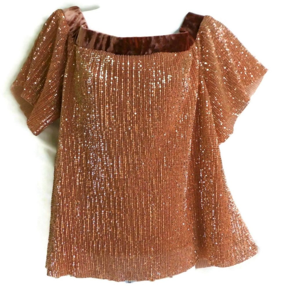 1 State Sequin Blouse Rose Gold Velvet Neck Flutte Puff Short Sleeves Stretch L